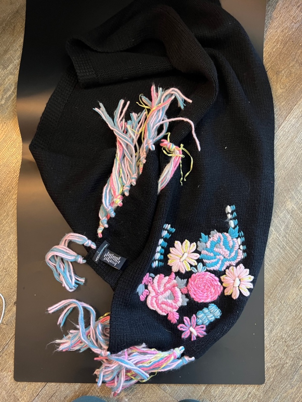 Moda International Black Knit Scarf with Pastel Floral Embroidery